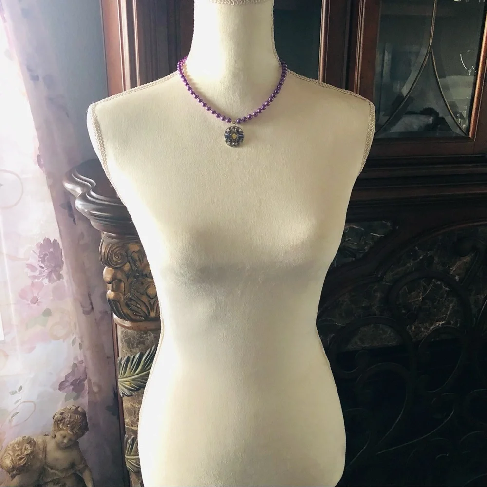 Handcrafted repurpose multi tone stone pendant Czech glass Pearl necklace
